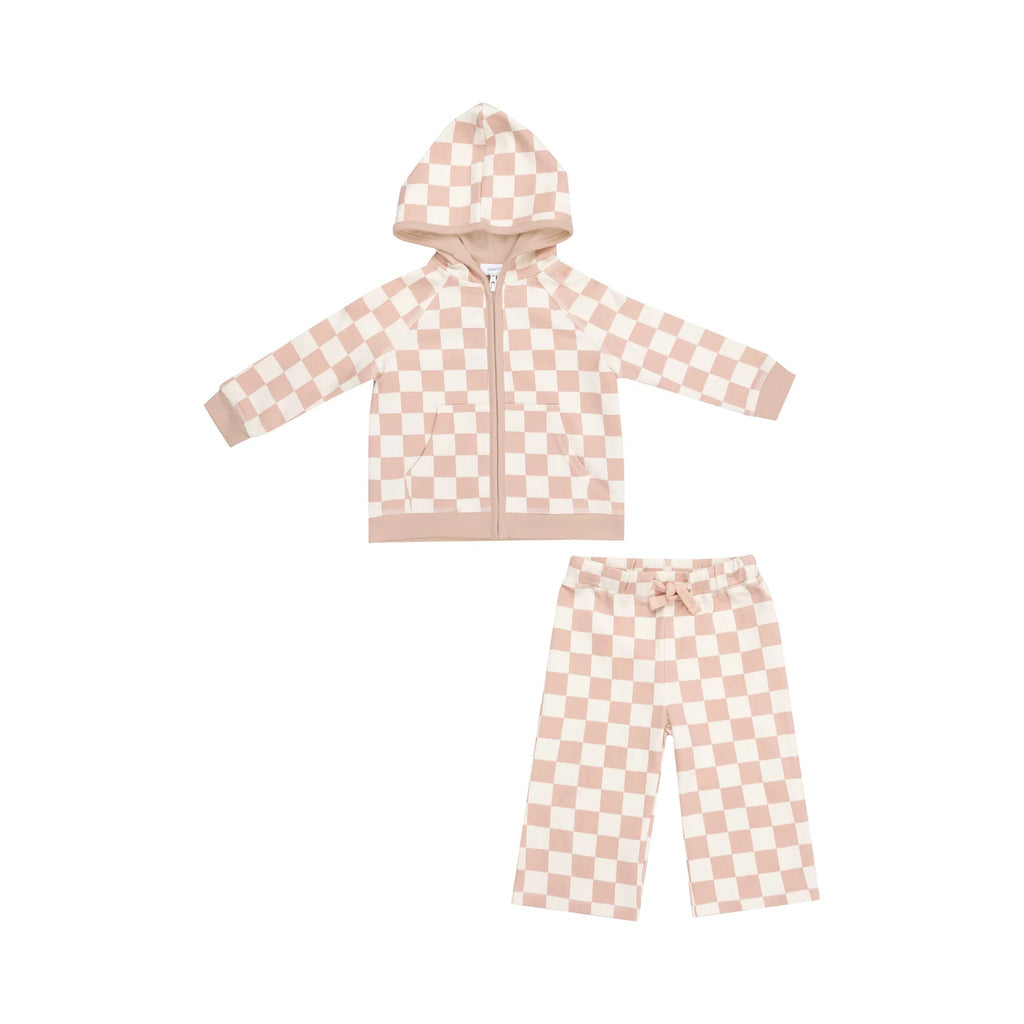 checkerboard pink zip hoodie + wide leg pant