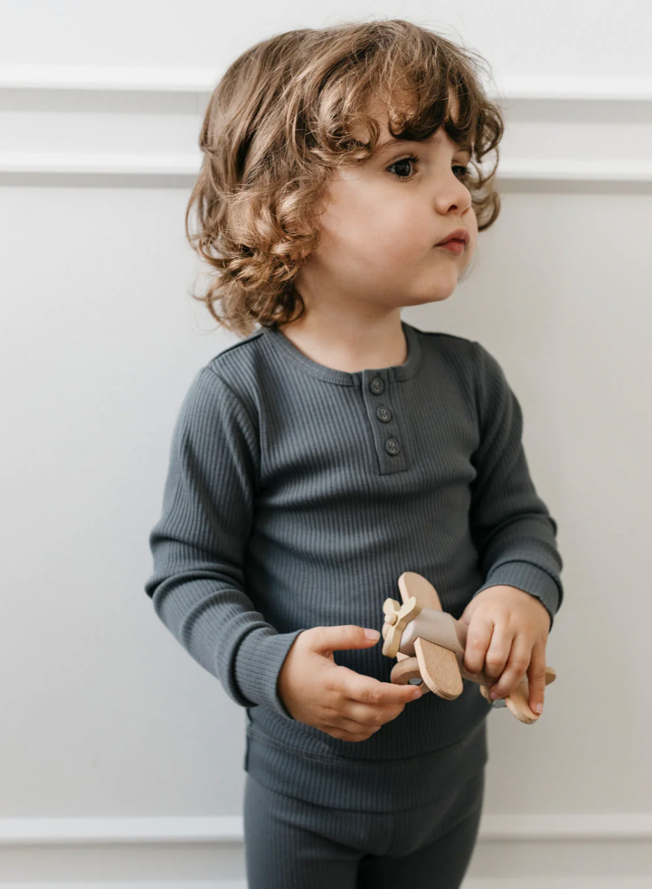organic cotton modal long sleeve henley - smoke