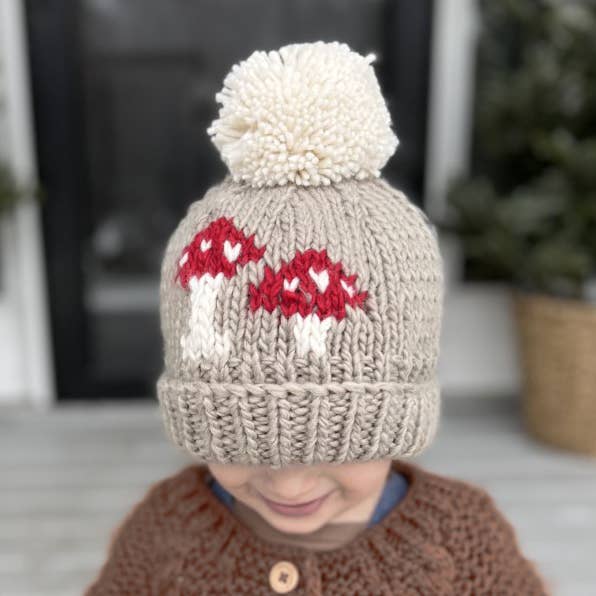 mushroom hand knit beanie hat taupe