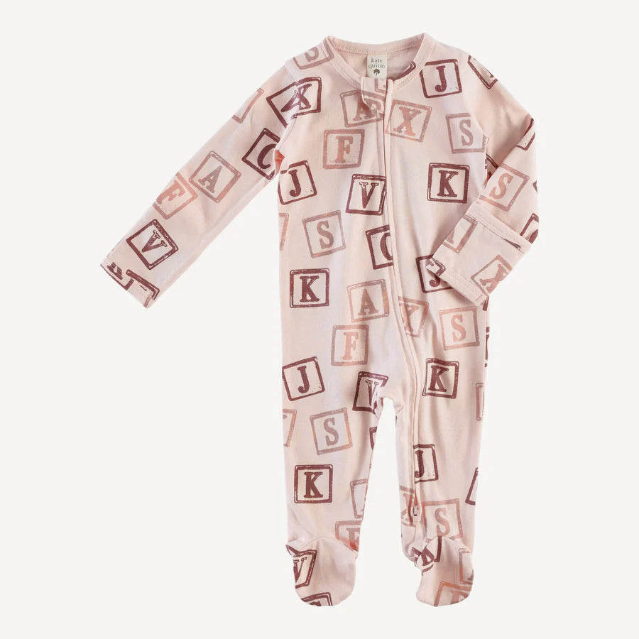 long sleeve zipper footie | pink alphabet blocks | organic cotton jersey