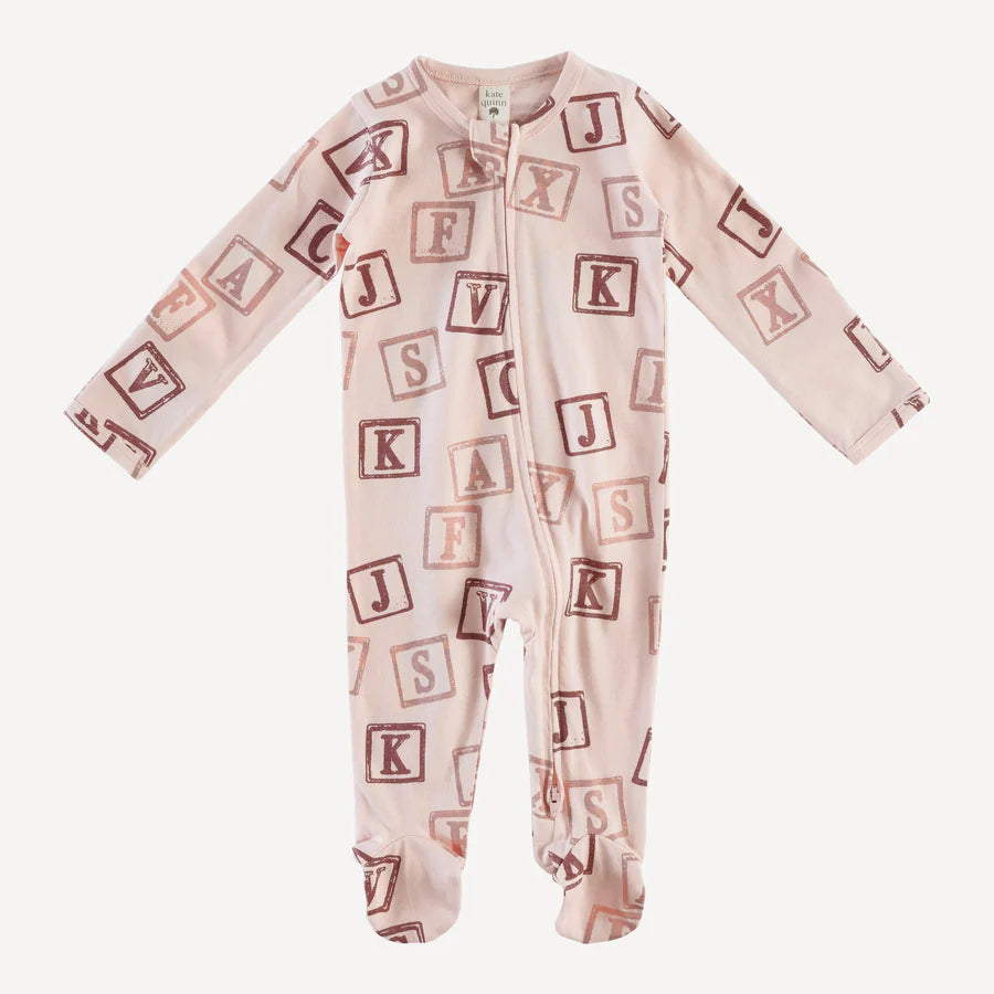 long sleeve zipper footie | pink alphabet blocks | organic cotton jersey