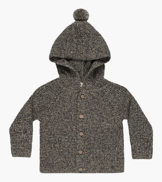 washed black pompom hooded cardigan