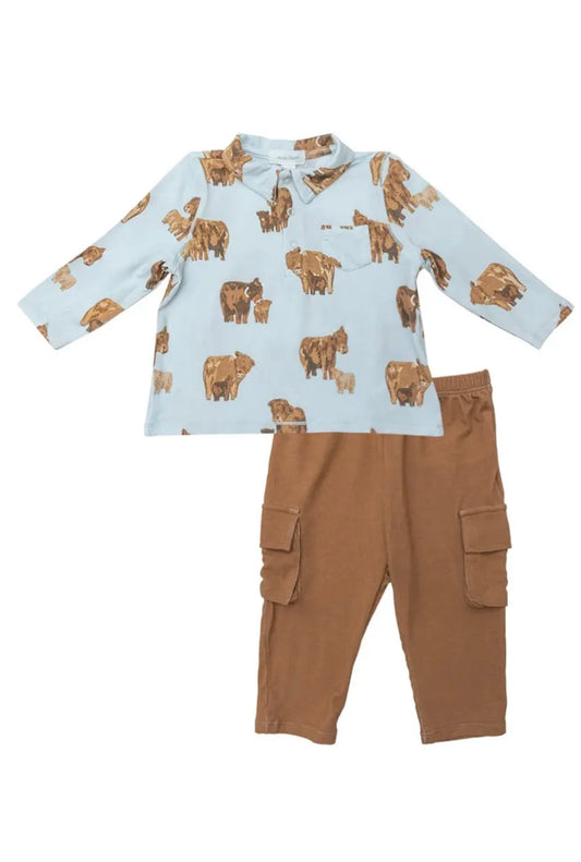 blue highland cattle long-sleeve polo & brown cargo pants