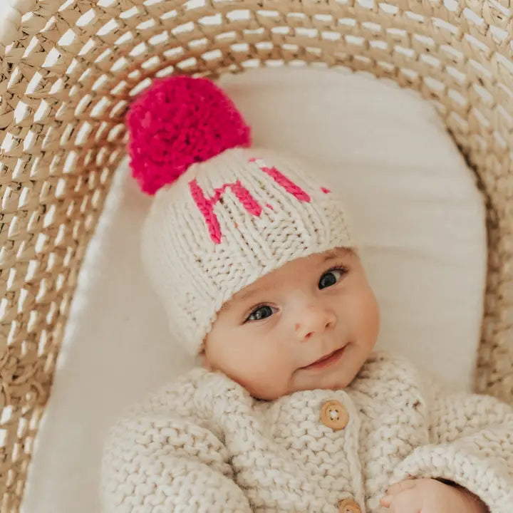 hi. neon pink hand knit beanie