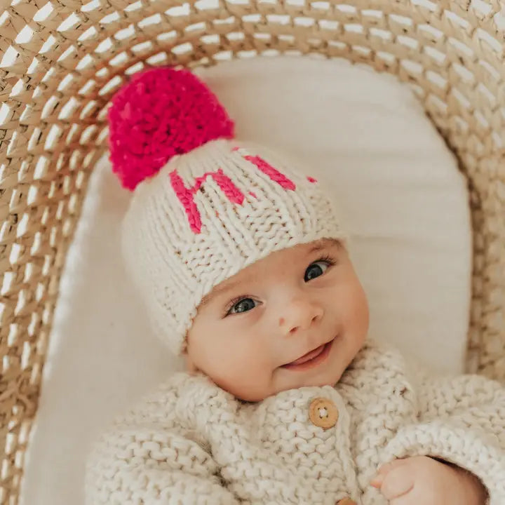 hi. neon pink hand knit beanie