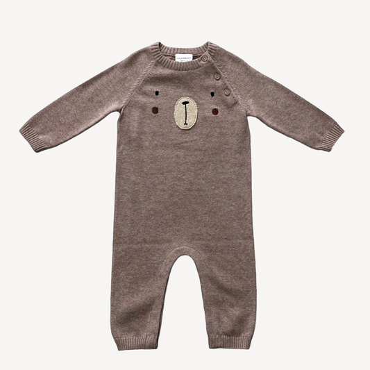 bear embroidered long sleeve knit baby jumpsuit